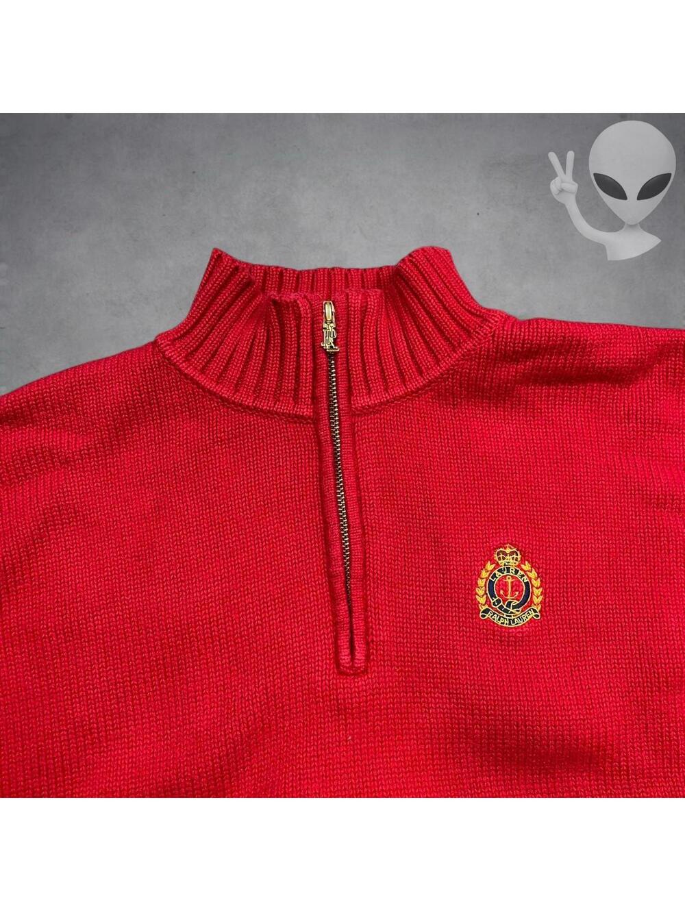 Lauren Ralph Lauren Knit Sweater Petite Medium Red Quarterzip Preppy Crest 90s - Picture 3 of 8